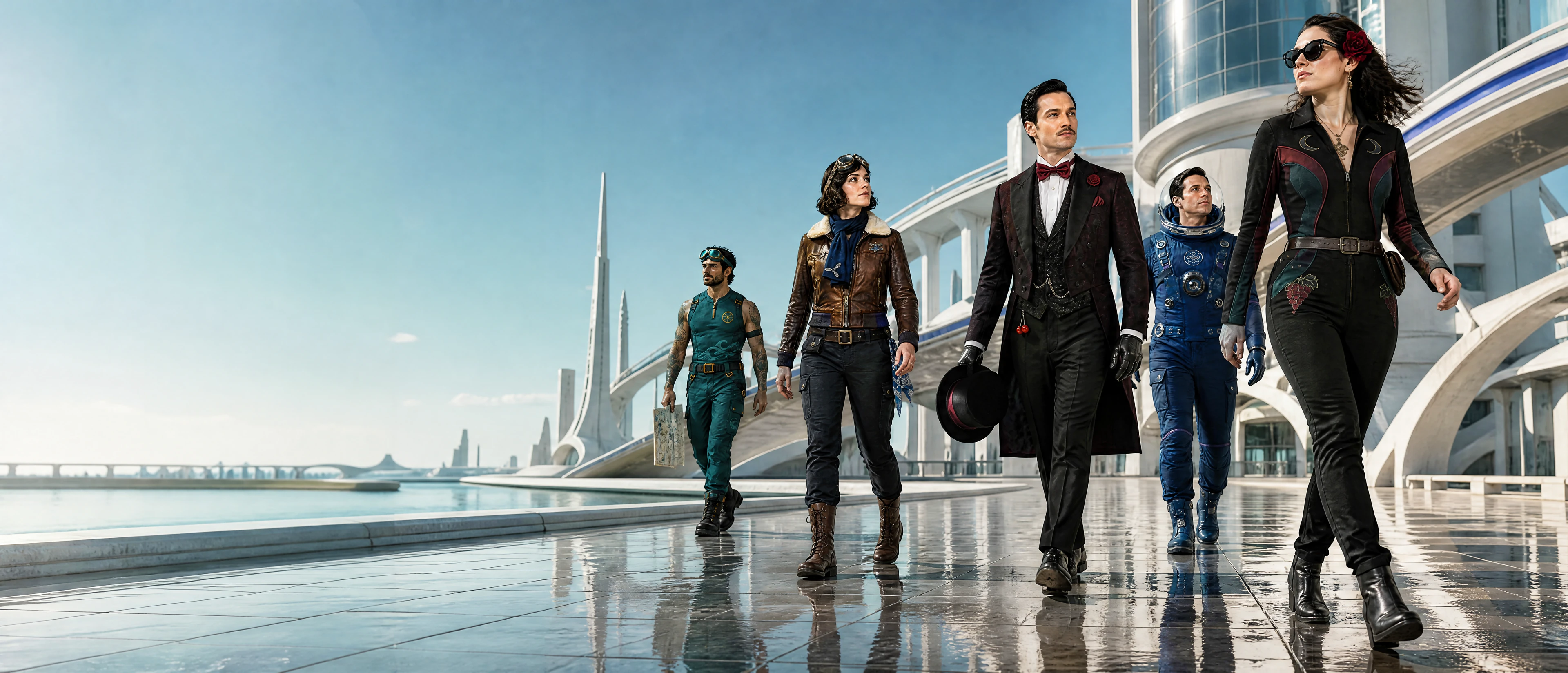 WINDBAR D91 Voyagers campaign banner: five characters in the central retro-futurist city