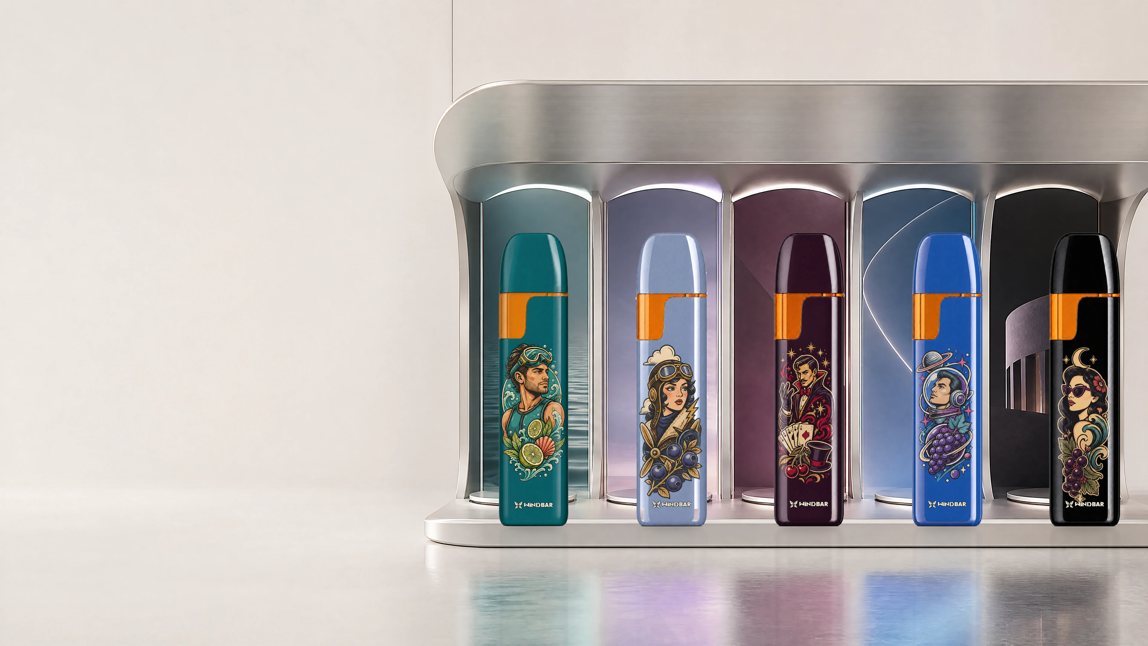 Five WINDBAR D91 vaporizers: Transformative Teal, Blue Aura, Plum Noir, Cobalt Pulse and Piano Black