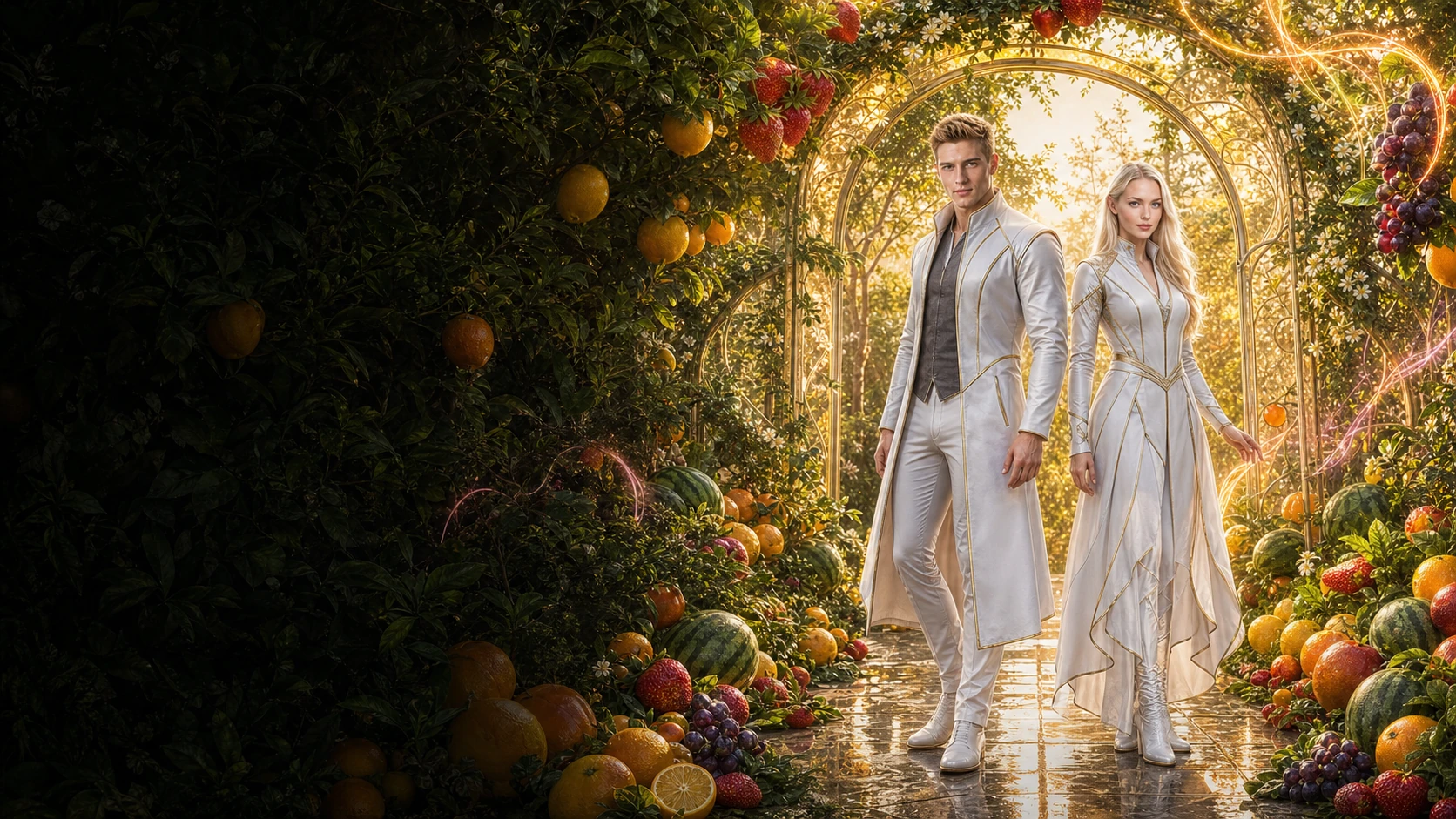 Atlas and Lyra explore a luminous Art Nouveau fruit garden with natural empty hands and colorful energy flowing from the orchard