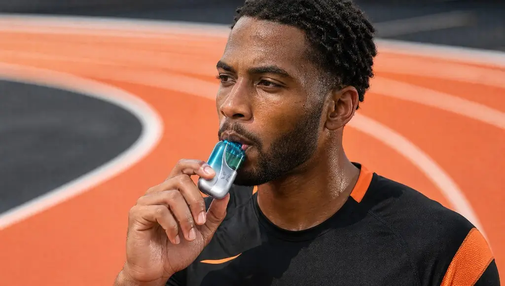 Adult using a WINDBAR CHROMA WING at the integrated mouthpiece, adults 21+