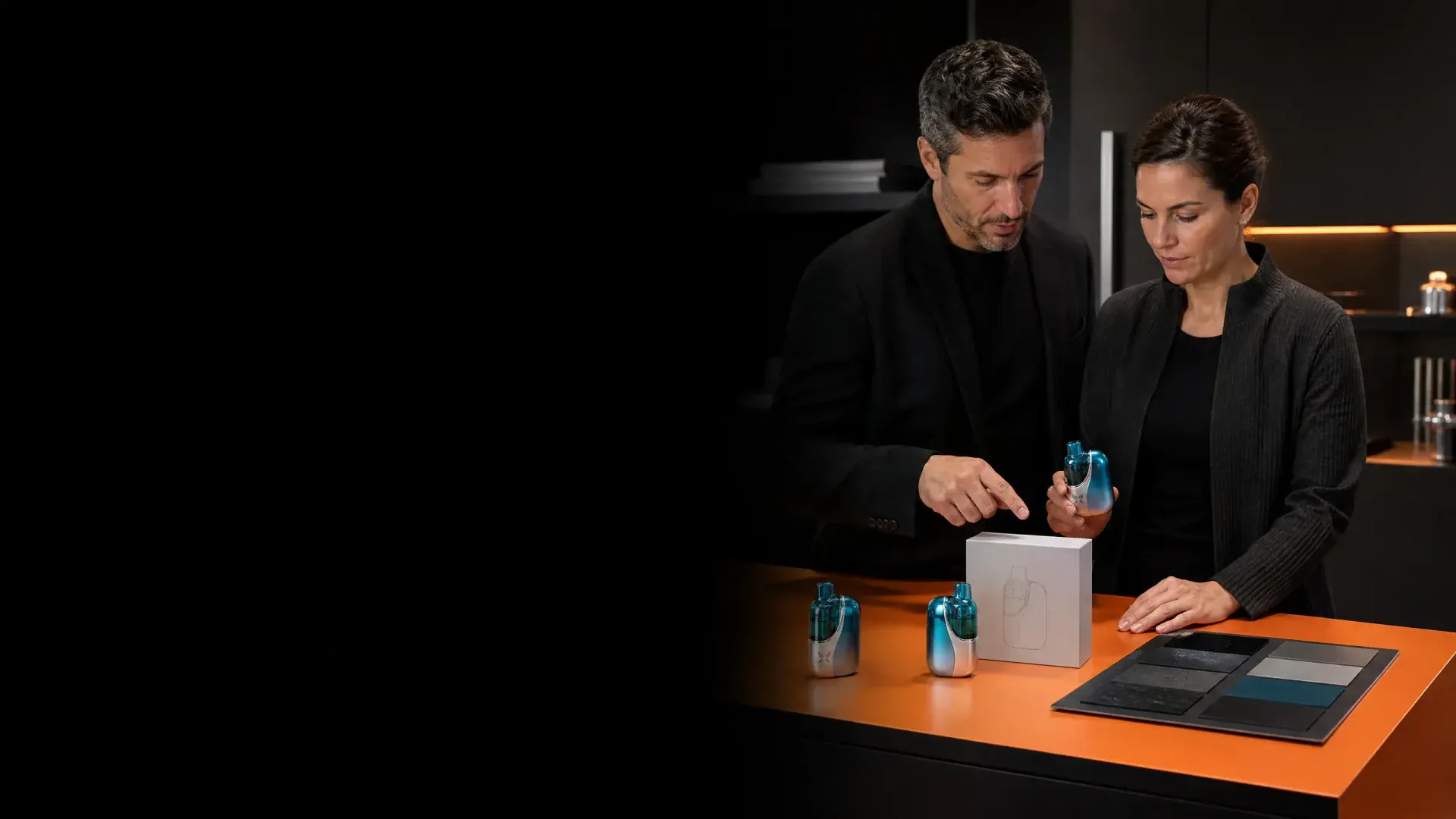 Partners reviewing WINDBAR CHROMA WING samples and finishes, adults 21+